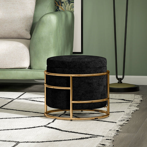 Rootz Sitting Stool with Storage - Foot Stool - Elegant Ottoman - Velvet Softness - Ø42 x 39h cm - Gold-Plated Frame - Black