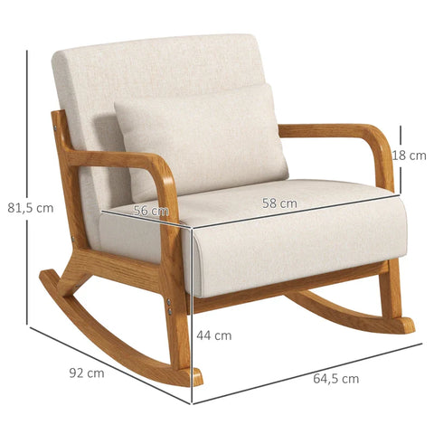 Rootz Rocking Chair - Retro Design - Rubberwood - Imitation Linen - Multi-layer Board - Beige + Brown - 64.5cm x 92cm x 81.5cm