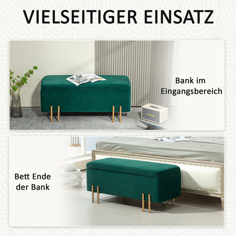 Rootz Upholstered Storage Bench - Bed Bench - Footrest - Hidden Storage - 100 x 40 x 42 cm - Green Velvet Finish