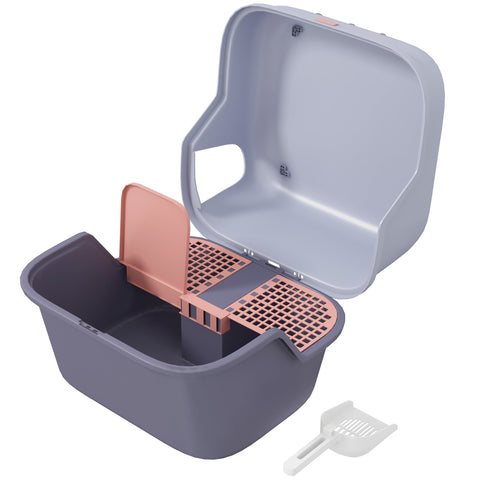 Rootz Cat Litter Box with Lid and Scoop - Pet Litter Pan - Easy Clean Kitty Toilet - 50cm x 50cm x 39cm - Lockable and Stylish Grey