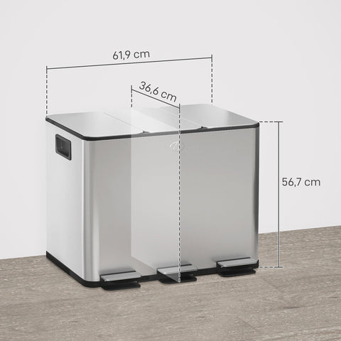 Rootz Trash Can 3 x 20L - Recycling Bin - Waste Separator - Odor Control - Soft Close, Removable, Silver, 61.9x36.6x56.7cm