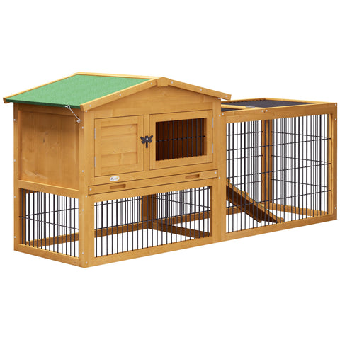 Rootz Winter-Proof 2 Level Rabbit Stable - Hutch & Run - Wooden Double-Sided - Easy Access & Clean - 150x52x68 cm