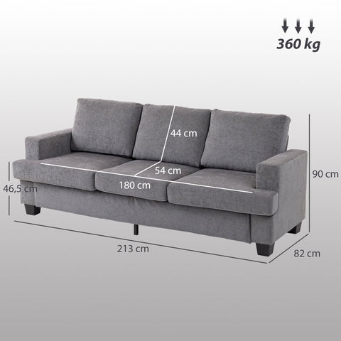 Rootz 3-Seater Sofa - Living Room Couch - Upholstered Sofa - Supports 360kg - 213cm x 82cm x 90cm - Grey Fabric Cover
