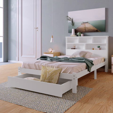 Rootz Solid Wood Single Bed - Storage Bed - Bookcase Headboard - Sturdy & Stylish - 219cm x 100cm x 93cm