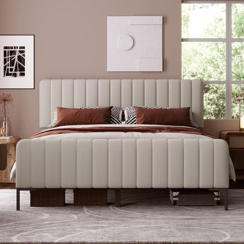 Rootz Upholstered Double Bed - Elegant Bed Frame - Linen Bed - Adjustable Headboard - Comfort & Style - 209L x 185W x 107H cm