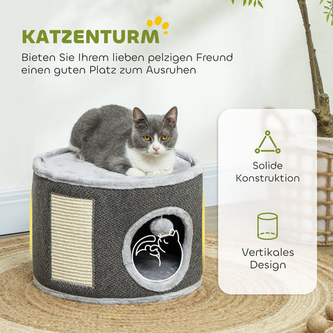 Rootz Cat Cave - 2 Tier Cat House - Plush Cushion - Sisal Scratching - Soft & Cozy Retreat - Ø40 x 30H cm - Grey