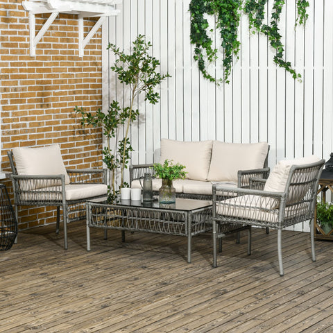 Rootz 4-Part Garden Furniture Set - Outdoor Sofa - Rattan Look with Cushions - Comfort & Style - Sofa 116x72x81cm, Armchair 62x72x81cm, Table 100x54x42cm
