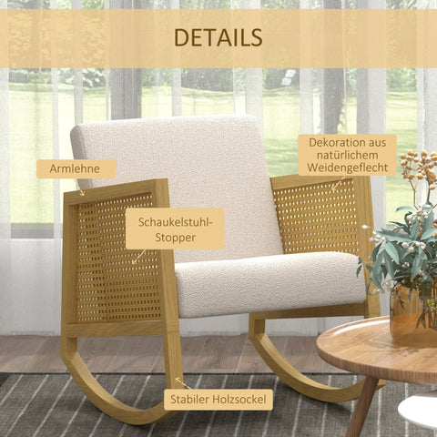 Rootz Boho Rocking Chair - Recliner - Glider - Soft Padding - Natural Rattan Decor - 60cm x 76cm x 74cm - Rubber Wood Frame - Cream