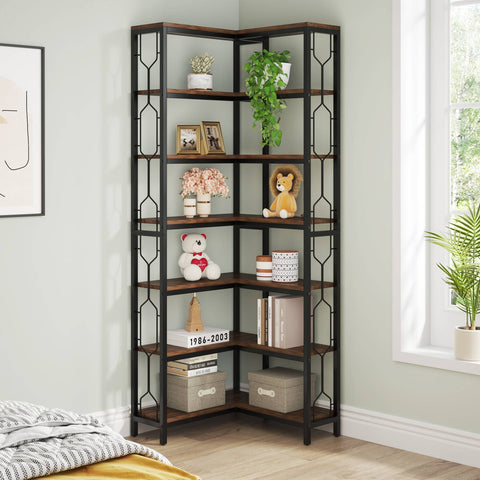 Rootz 7-Tier Corner Shelf - Space-Saving Bookcase - Hexagonal Storage Unit - Enhances Organization - 60cm D x 60cm W x 200cm H