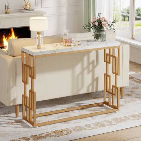 Rootz Gold Console Table - Entryway Table - Sofa Table - Easy-to-Clean Faux Marble - 30 cm D x 107.99 cm W x 80 cm H