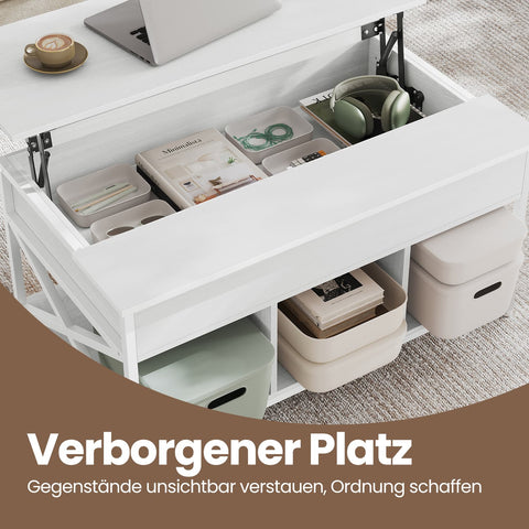Rootz Coffee Table - Height-Adjustable Table Top - Snow White - Space-Saver - 60 x 100 x (48-62) cm