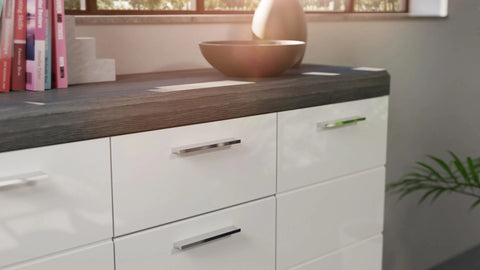 Rootz Sideboard Scout - Wood Material - White High-Gloss Deep-Drawn Front - Smoke Silver Imitation - 165cm x 85cm x 37cm - FSC Certified