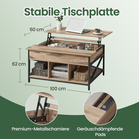 Rootz Coffee Table - Height-Adjustable Table - Wooden Chipboard - Steel - Camel Brown Black - 60 x 100 x (48-62) cm
