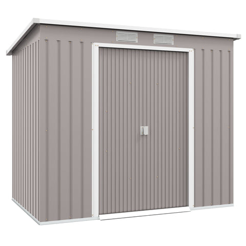 Rootz Tool Shed – Outdoor Storage, Garden Shelter – Galvanized Steel, Ventilated, Sliding Doors, Grey – 213x130x172cm Durable