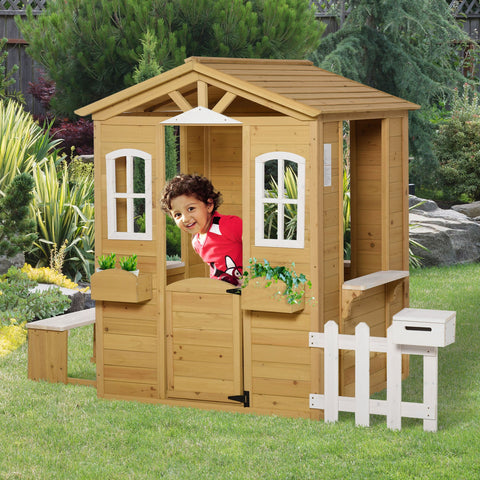 Rootz Wooden Children's Playhouse - Outdoor Play House - Garden Play Hut - Weatherproof & Durable - 205cm x 119cm x 140cm