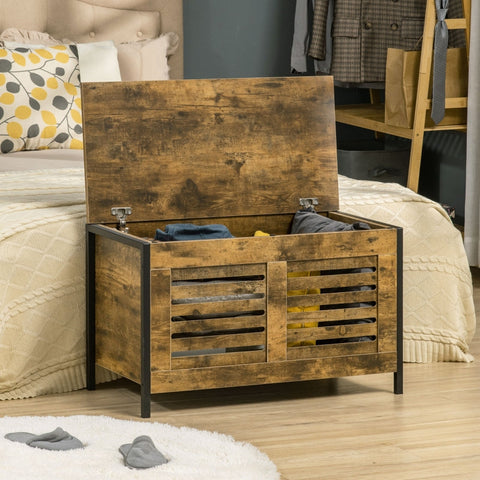 Rootz Industrial Design Wooden Chest Sideboard - Storage Cabinet - Hallway Bench - Rustic Wood Grain - Steel Frame - Slatted Doors - 80cm x 40cm x 49cm