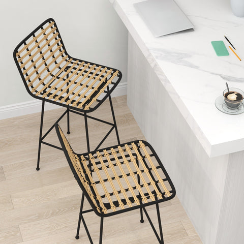 Rootz Lot de 2 Tabourets - Bar Stools - Bohemian Design - Comfort Seating - 43W x 51D x 88H cm - PE Rattan & Steel