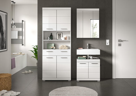 Rootz 3-Piece White Bathroom Set - Tall Cabinet - Vanity Unit - Ample Storage - 149x191x34 cm