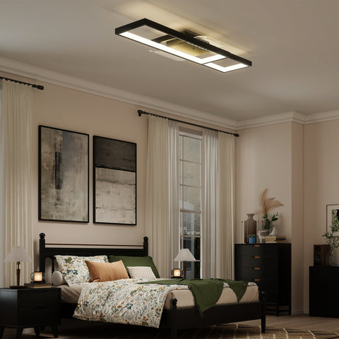 Rootz LED Ceiling Light – Modern Dimmable Panel, Flush Mount Fixture, Remote & Wall Switch, Adjustable Brightness, 70x30x7cm, Black