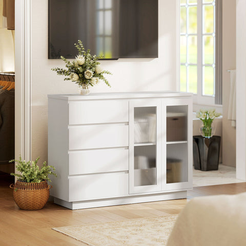 Rootz Buffet Cabinet Sideboard - Storage Cupboard - Display Unit - Silent Soft-Close, Organizes Dining Room - 120x40x91 cm, White, MDF, 4 Drawers, 2 Glass Doors