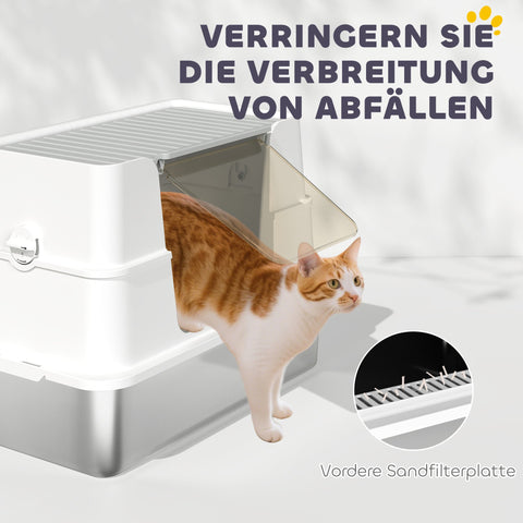 Rootz Stainless Steel Cat Toilet - Litter Box - Kitty Lavatory - Scratch-Resistant - XL Interior with Shovel - 60.2cm x 40.2cm x 44.5cm
