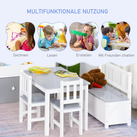 Rootz Children's Seating Group - Kids' Furniture Set - Children's Table and Chairs - Durable Pine and MDF - Convenient Storage - Easy to Assemble - Table: 60L x 50W x 48H cm, Chair: 25L x 25W x 55H cm, Bench: 60L x 30W x 55H cm