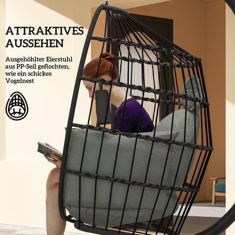 Rootz Hanging Outdoor Swing Chair - Foldable Basket Seat - Egg Chair - Comfort with Cup Holder - 120cm x 88cm x 192cm