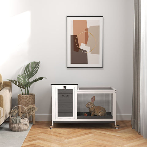 Rootz Wooden Rabbit Stable - Bunny Enclosure - Rabbit Hutch - Easy Cleaning - 92 x 52 x 67 cm Grey and White