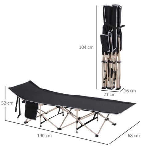 Rootz Camping Bed - Foldable - Carry Bag - Weatherproof - Guest Bed - Carrying Bag - Steel - Oxford - Black - 190 X 68 X 52 Cm