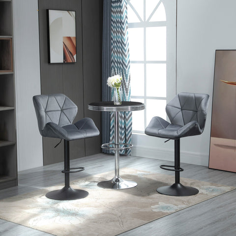 Rootz Bar Stool Set of 2 Grey- Padded Bar Chairs - Velvet Look Stools - Adjustable, Ergonomic - Metal Frame, 360° Rotation, 57x58x97-117cm