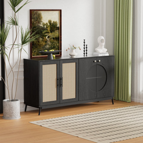Rootz Sideboard with Rattan Glass Doors - Storage Cabinet - Buffet Table - Large Storage Space - 160L x 40W x 80H cm