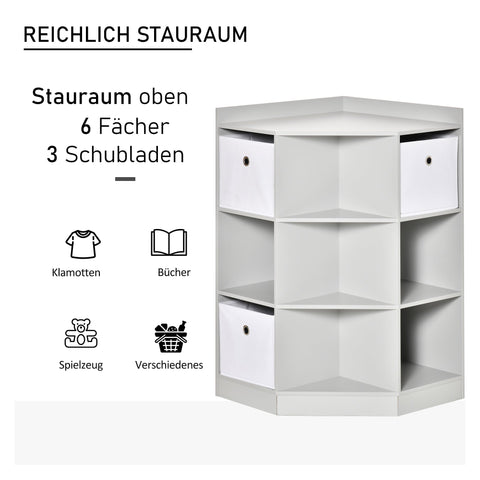 Rootz Children's Storage Shelf - Kid's Organizer - 3 Fleece Drawers - Tilt-Proof Stability - MDF White and  Grey - 57.4cm x 57.4cm x 94cm
