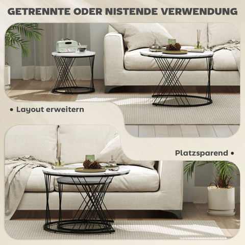 Rootz 2 Piece Set Couch Tables - Round Coffee Table - Marble Look Living Room Tables - Space Saving - Ø70 x 46.5cm & Ø44 x 39cm