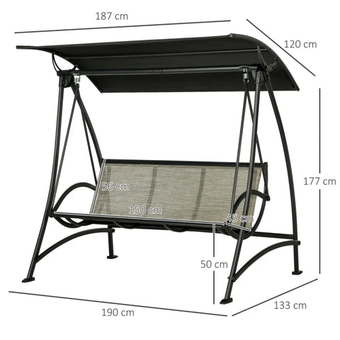 Rootz 3 Person Rocking Bench - Hollywood Swing - Swing Bench - Tilt Roof - Weatherproof - Steel Frame - Black + Brown - 190L x 133W x 177H cm