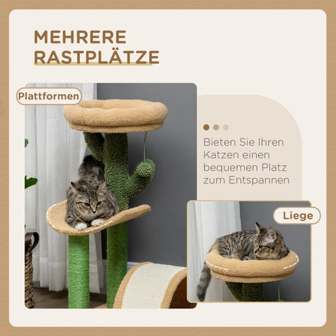 Rootz Cactus Design Cat Tree - Scratching Post - Climbing Cat Tree - Sisal Wrapped Posts - Chipboard Base - Teddy Velor - 40cm x 35cm x 72cm