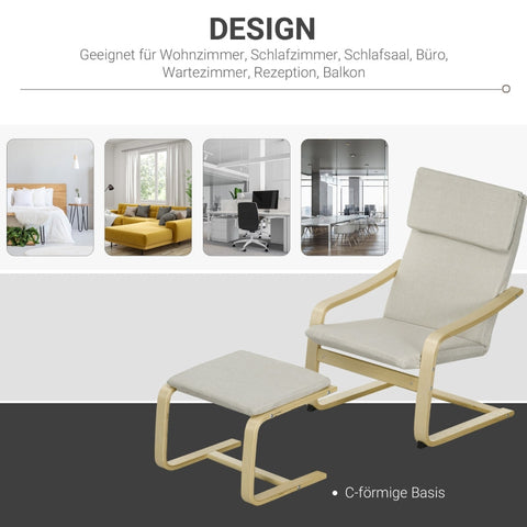 Rootz Armchair Set with Footstool - Upholstered Lounge Chair - Wooden Frame - Lightweight & Compact - Breathable Linen Fabric - Cream+Natural - 66.5cm x 80cm x 99cm