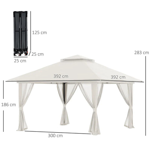 Rootz Folding Gazebo - Height Adjustable - 4 Mesh Walls - Ventilation Roof - Carry Bag - Quick Assembly - Cream White - 4 x 4 x 3 m