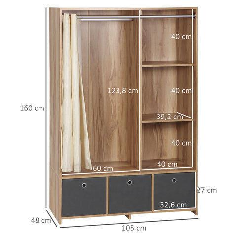 Rootz Wardrobe with Rod Curtains - Clothing Storage Unit - Fabric Drawer Chest - Ample Storage - 105 x 48 x 160 cm