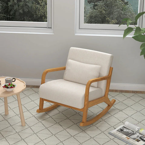 Rootz Rocking Chair - Retro Design - Rubberwood - Imitation Linen - Multi-layer Board - Beige + Brown - 64.5cm x 92cm x 81.5cm