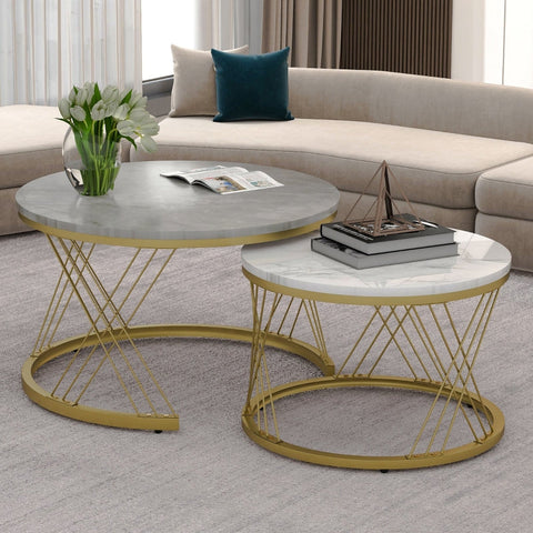 Rootz Set of 2 Modern Coffee Tables - High-Gloss Marble - Nesting Tables - 30kg Load Capacity - 70cm x 70cm x 45cm