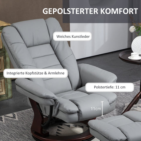 Rootz Reclining Swivel Chair with Stool - Relaxation Chair, Tilting Backrest - Faux Leather - 85x82x106 cm - 130 kg Capacity - Grey