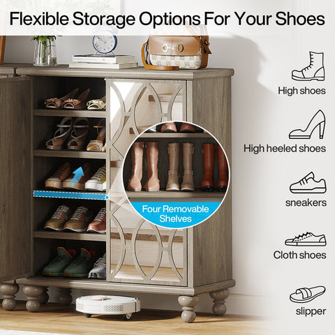Rootz Shoe Cabinet with Mirror - Footwear Storage - Shoe Organizer - Elegant Design - 80 cm W x 36 cm D x 100 cm H