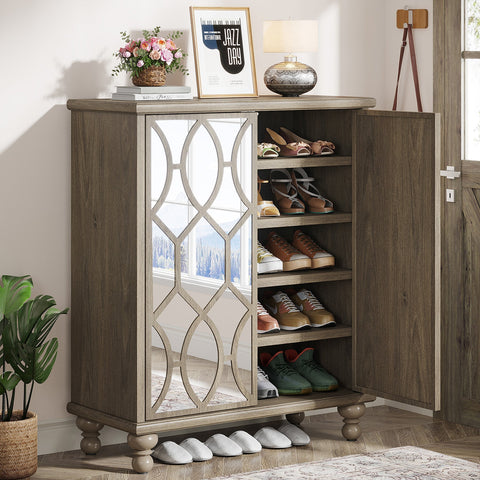 Rootz Shoe Cabinet with Mirror - Footwear Storage - Shoe Organizer - Elegant Design - 80 cm W x 36 cm D x 100 cm H