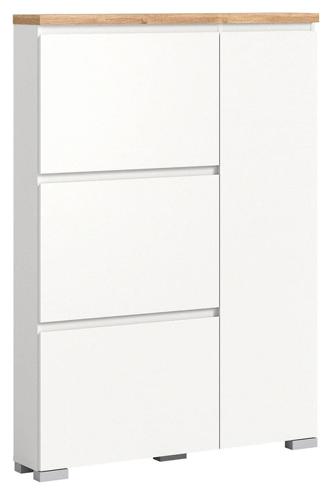 Rootz Shoe Tipper - White Shoe Rack - Nox Oak Decor - 1 Door - 3 Flaps - 95cm x 65cm x 120cm