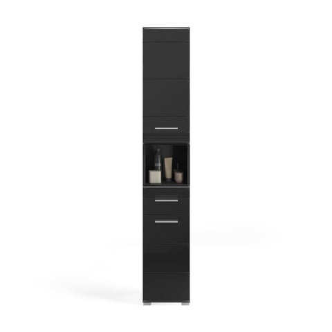 Rootz Linus Tall Bathroom Cabinet - High Gloss Black - Storage Cabinet - 30cm x 182cm x 31cm - Slim Design
