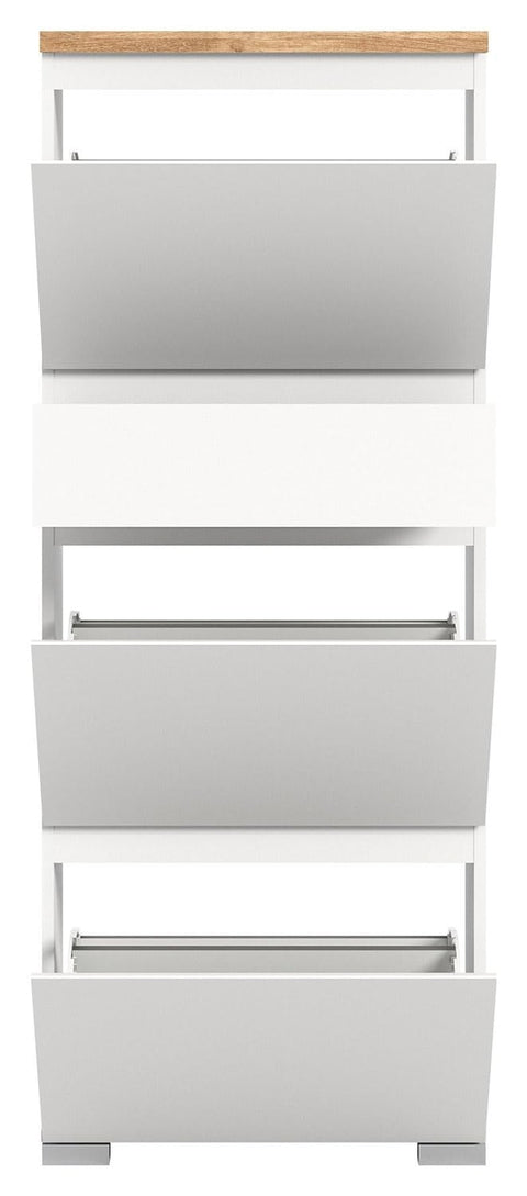 Rootz Shoe Tipper - White Shoe Cabinet - Nox Oak Decor - 1 Drawer - 3 Flaps - Double Shoe Rollers - W 60cm - 15 Pairs Storage