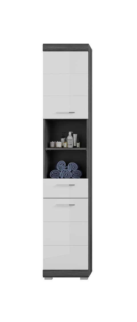 Rootz Scout Tall Bathroom Cabinet - Wood Material - White High-Gloss Fronts - Smoked Silver - 37cm x 191cm x 31cm