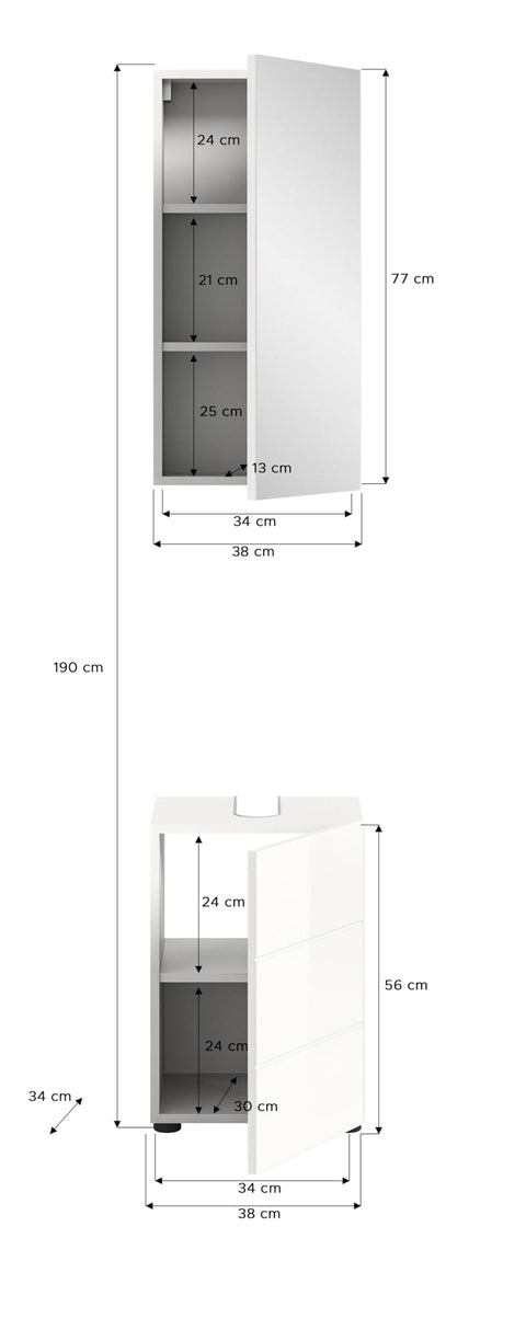 Rootz Vira Bathroom Furniture Set - White - High-Gloss - Narrow Sink Base Cabinet - Narrow Mirror Cabinet - Sustainable - 38cm x 190cm x 34cm