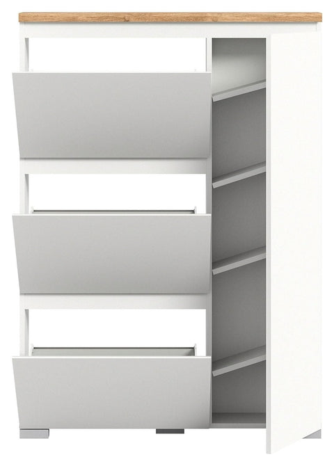 Rootz Shoe Tipper - White Shoe Rack - Nox Oak Decor - 1 Door - 3 Flaps - 95cm x 65cm x 120cm