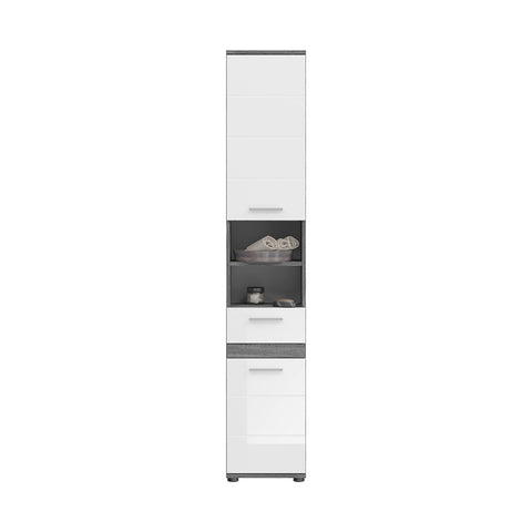 Rootz Blake Tall Cabinet - White High-Gloss Front, Smoke Silver Body - Modular Design - FSC Certified - 35cm x 191cm x 31cm